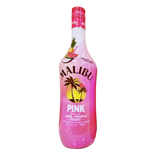 Malibu Pink tropical drink bottle on a white background
