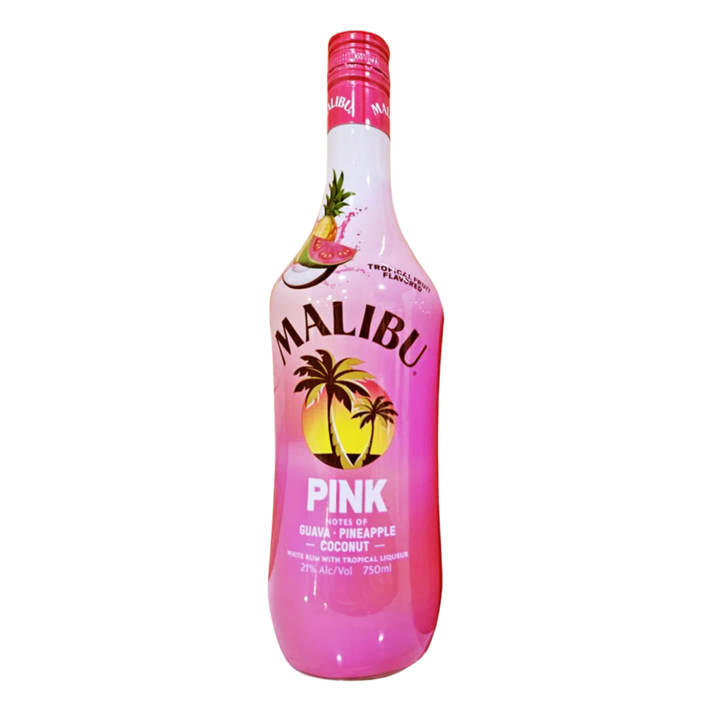 Malibu Pink tropical drink bottle on a white background