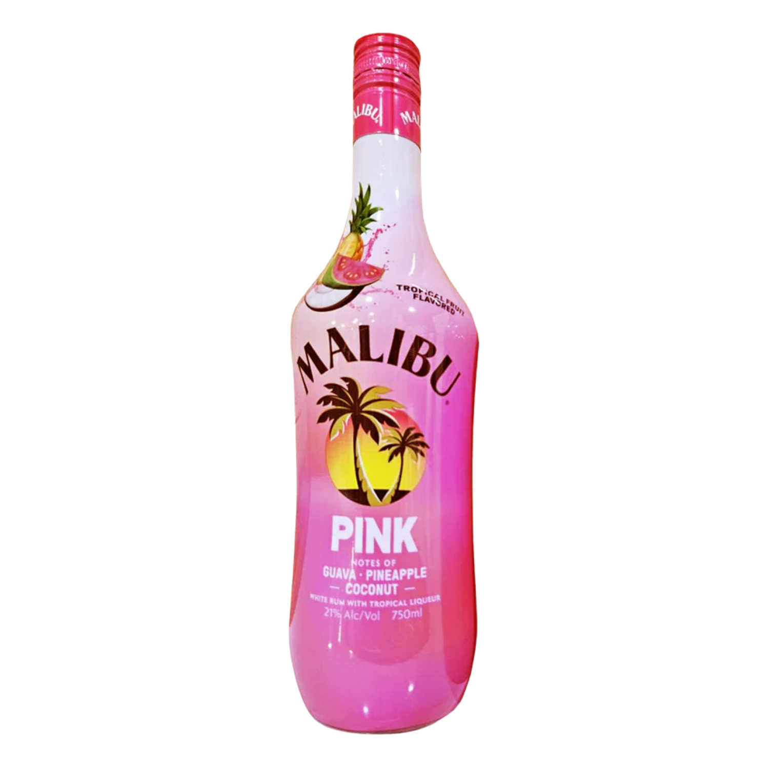 Malibu Pink tropical drink bottle on a white background
