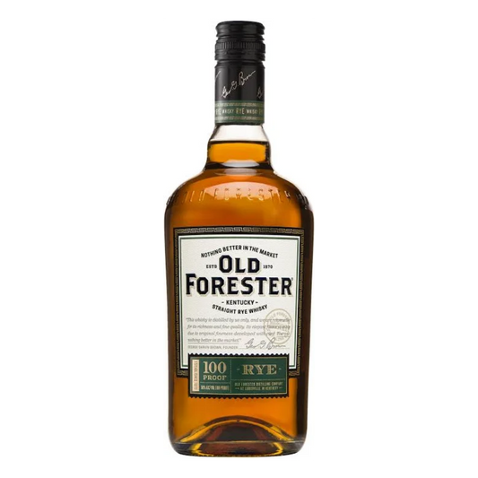 A bottle of Old Forester Rye with a green tag below a white label. 100 proof