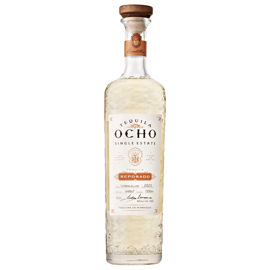 Tequila Ocho Reposado bottle on a white background