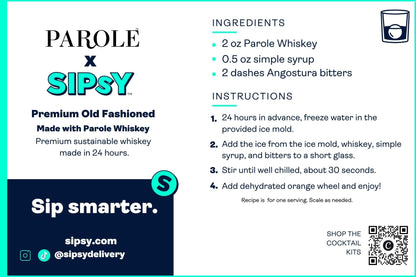 A promotional graphic for a Parole x Sipsy whiskey recipe kit, featuring product branding, ingredients list, preparation instructions, a QR code, and social media handles on a white background with teal and dark navy blocks.