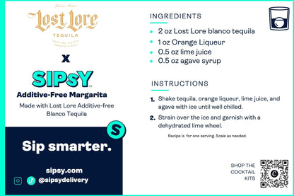 A digital recipe card for Sipsy Additive-Free Margarita featuring Lost Lore Tequila. The card includes the Lost Lore and Sipsy logos, ingredients list, preparation instructions, a small cocktail glass icon, social media handles, and a QR code on a white background with a teal border.