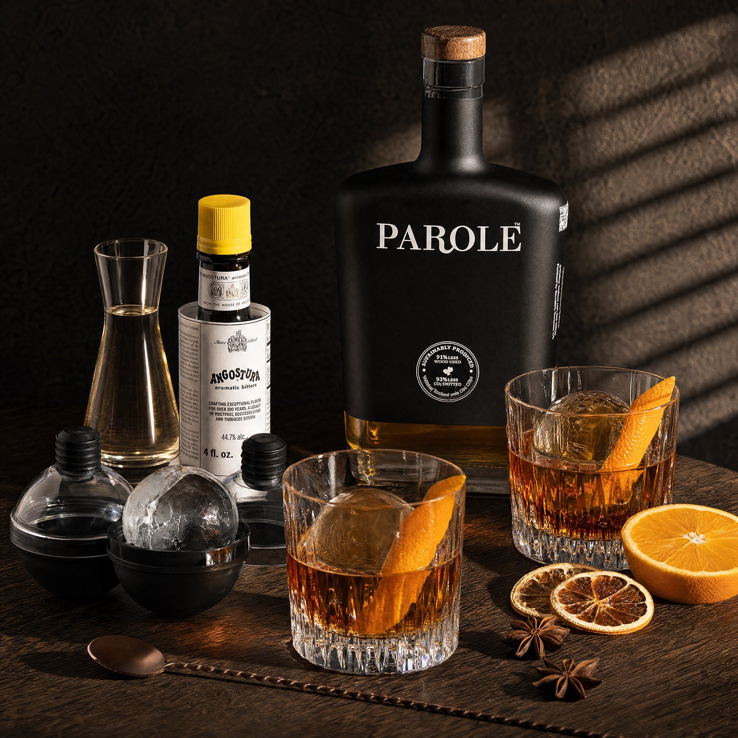 A Parole brand black bottle of rum or whiskey stands on a dark wooden table beside two rocks glasses filled with amber liquor, orange slices, star anise, a decanter, ice balls, and a bar spoon. The scene is styled with dramatic warm lighting and shadows against a dark background.