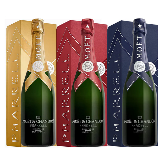 Three Moét & Chandon bottles with colorful packaging on a white background