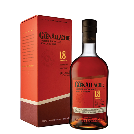 A bottle of The Glen Allachie 18 Years Old single malt Scotch whisky next to its red and brown packaging box, shown on a clean white background.