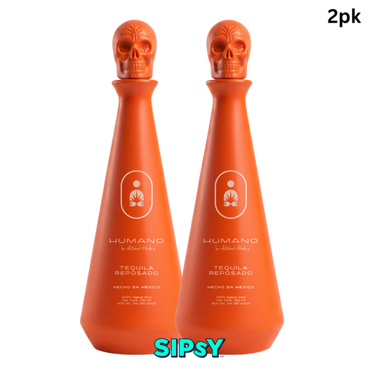 Two orange tequila bottles Humano Reposado with skull-shaped caps, shown side by side on a white background with a '2pk' label in the top right and a 'SIPSY' watermark at the bottom.