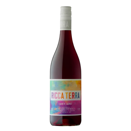 Ricca Terra Juicy June  bottle with colorful label on a white background.