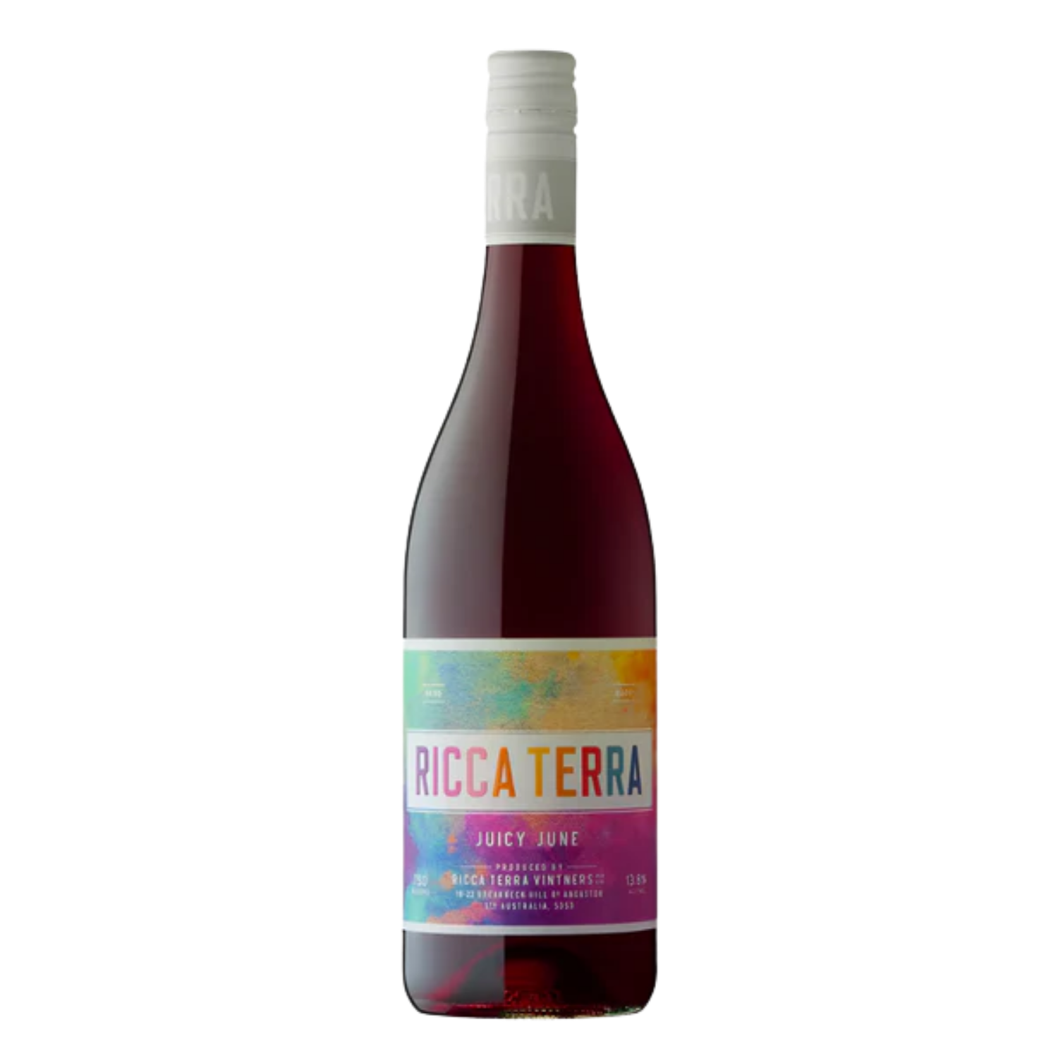 Ricca Terra Juicy June  bottle with colorful label on a white background.