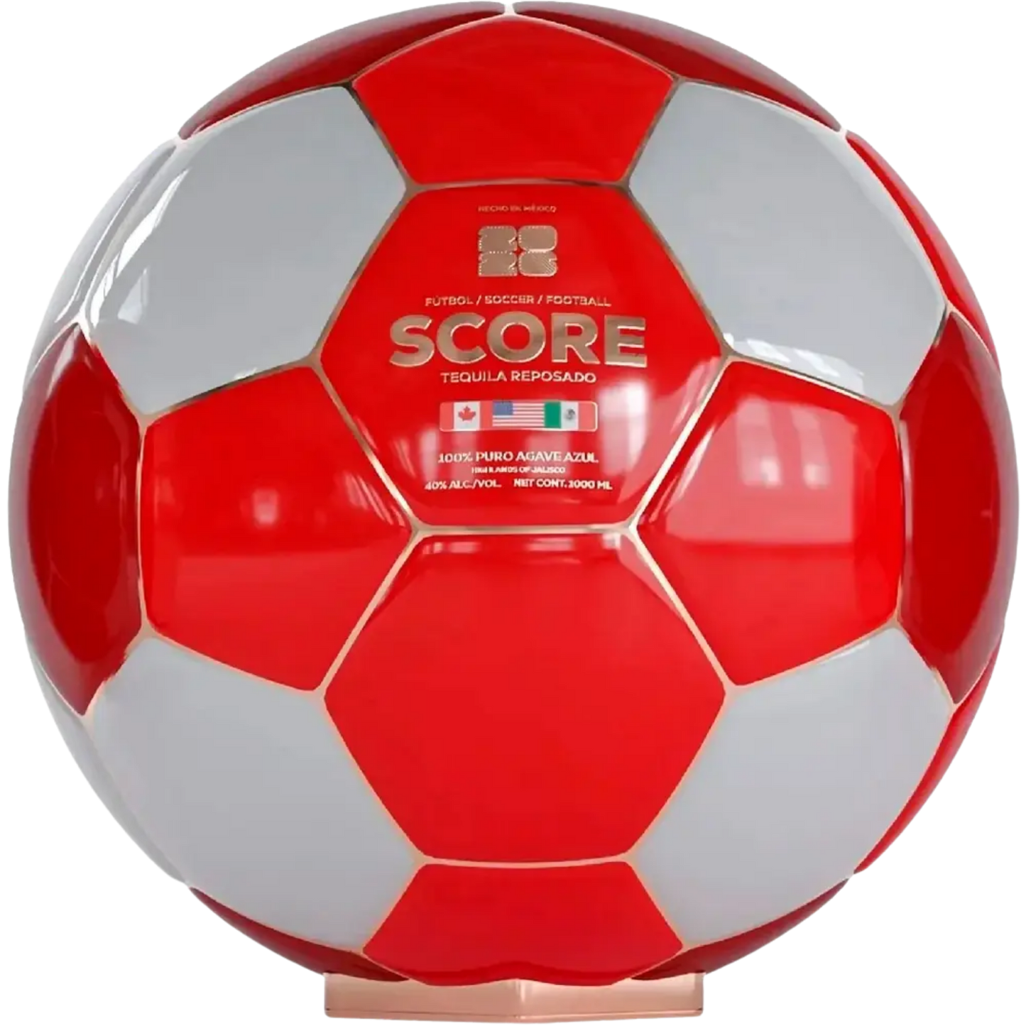 Red and white soccer ball with Score Tequila Reposado branding on a white background