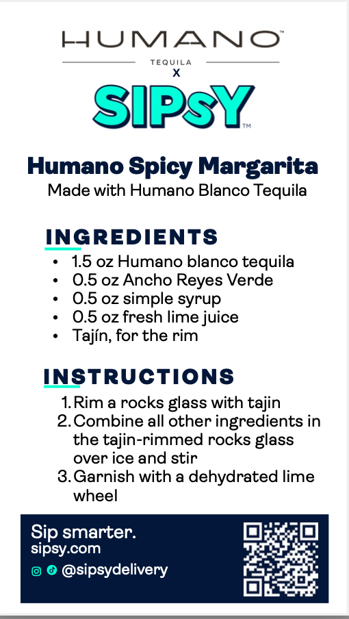 Recipe card for spicy margarita made with humano toequla