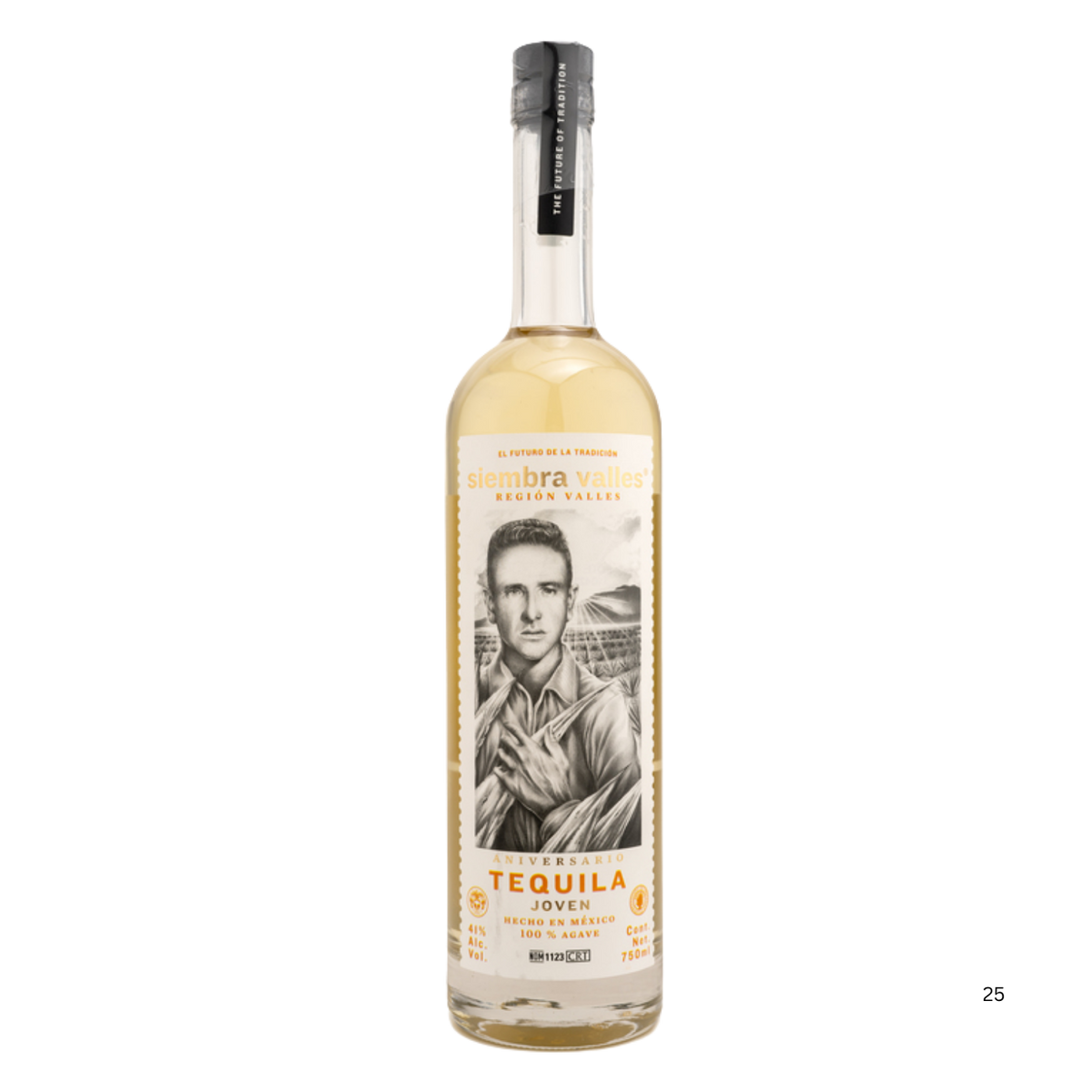 A bottle of Stembra Valles Tequila Joven on a plain white background, featuring a cream-colored label with a portrait of a man and orange text.