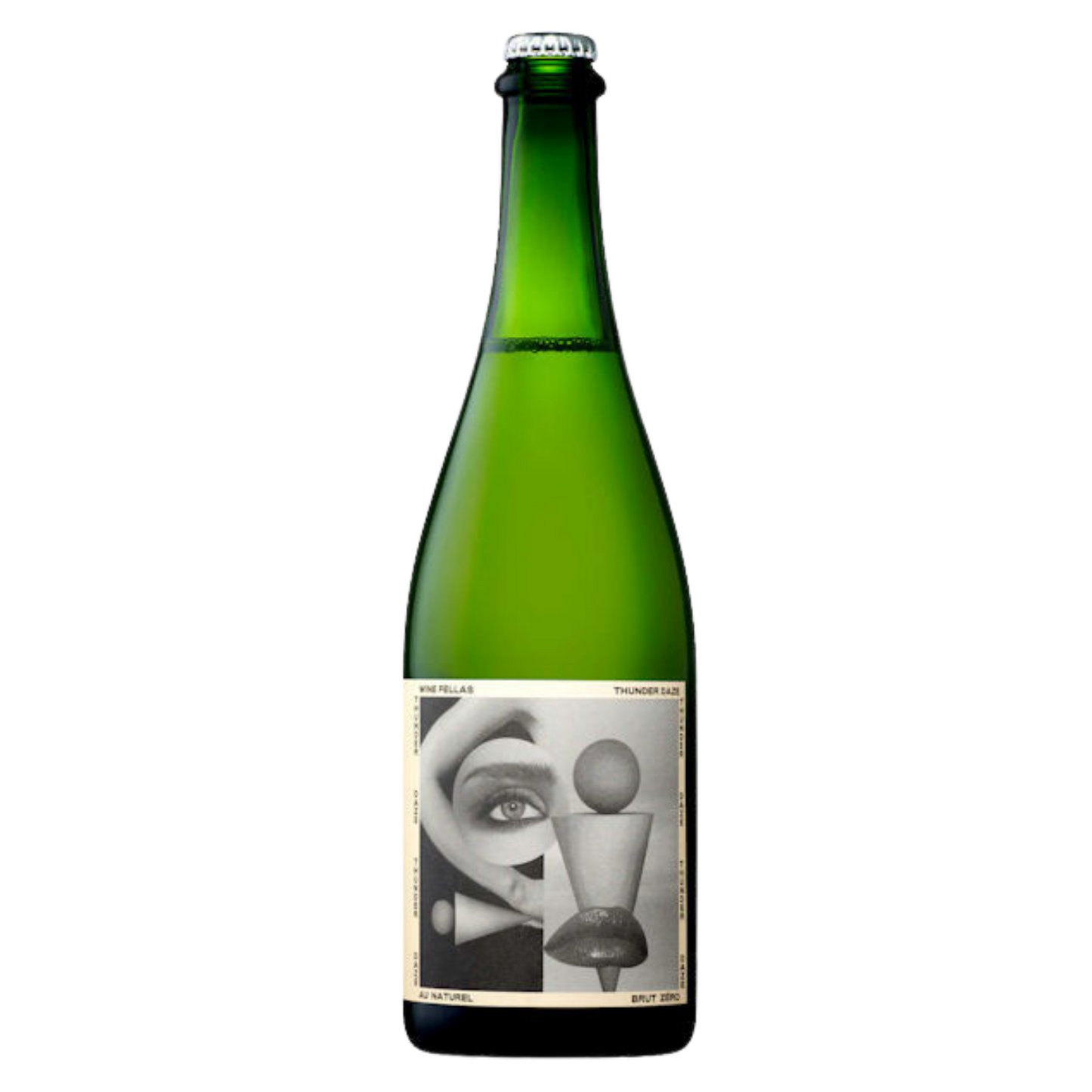 Green wine bottle with a label featuring abstract art on a white background