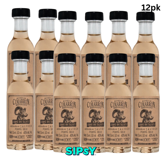 A pack of ten bottles of Cimarron Jalisco Peyrull Seco tequila, arranged in two rows against a white background. The bottles are clear glass containing a light golden-amber liquid, with black caps and tan labels featuring the Cimarron logo.