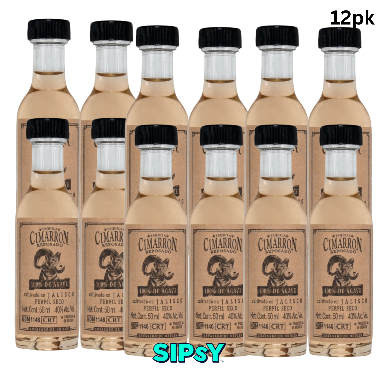 A pack of ten bottles of Cimarron Jalisco Peyrull Seco tequila, arranged in two rows against a white background. The bottles are clear glass containing a light golden-amber liquid, with black caps and tan labels featuring the Cimarron logo.