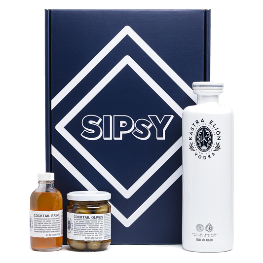 Dirty Martini Cocktail Gift Set with Kastra Elion Vodka, olives, and brine