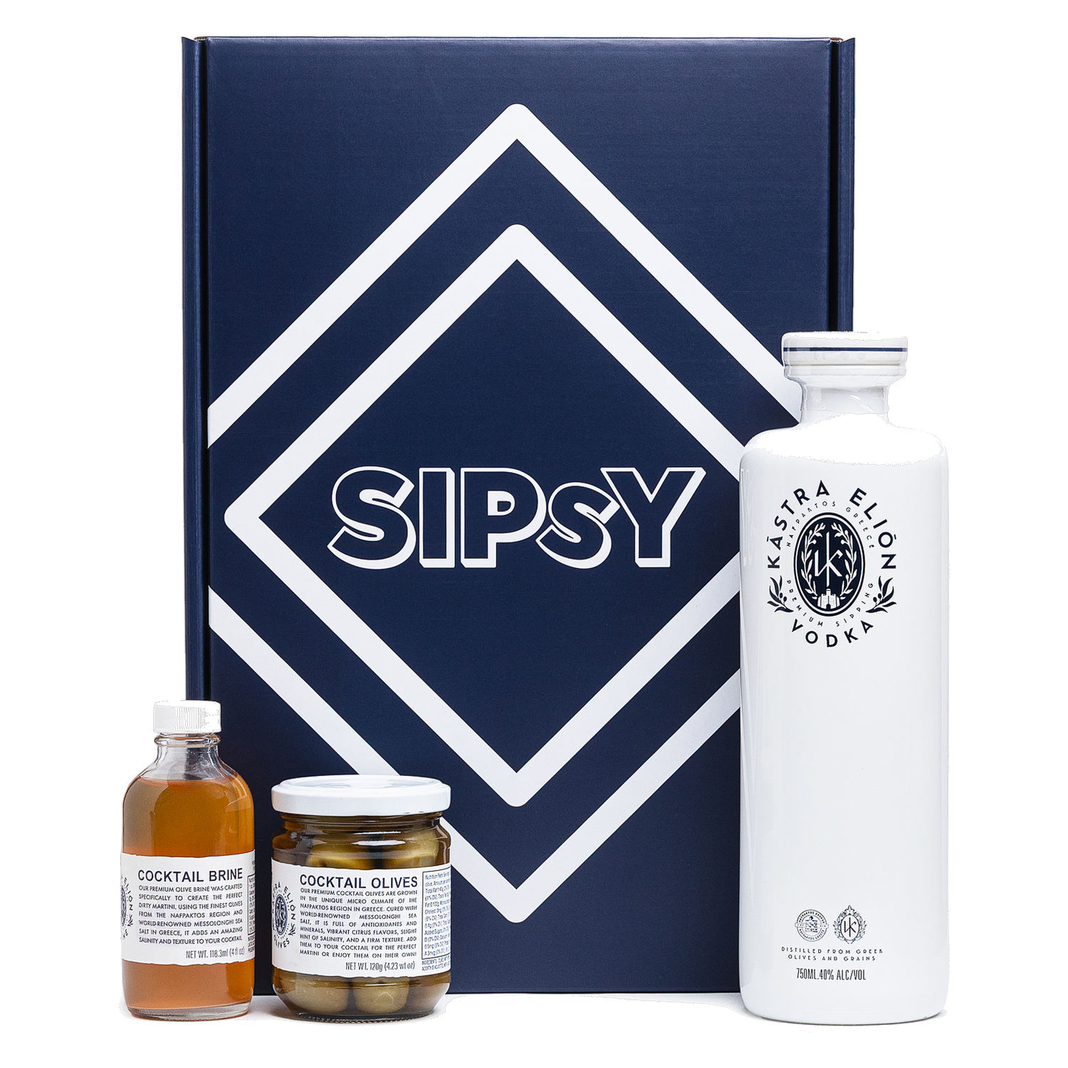 Dirty Martini Cocktail Gift Set with Kastra Elion Vodka, olives, and brine