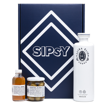 Dirty Martini Cocktail Gift Set with Kastra Elion Vodka, olives, and brine