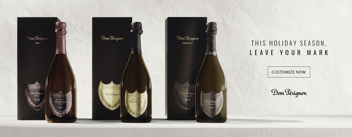 Dom Pérignon Rosé, Brut and Plénitude 2 with gift boxes. This holiday season, leave your mark: customize now.