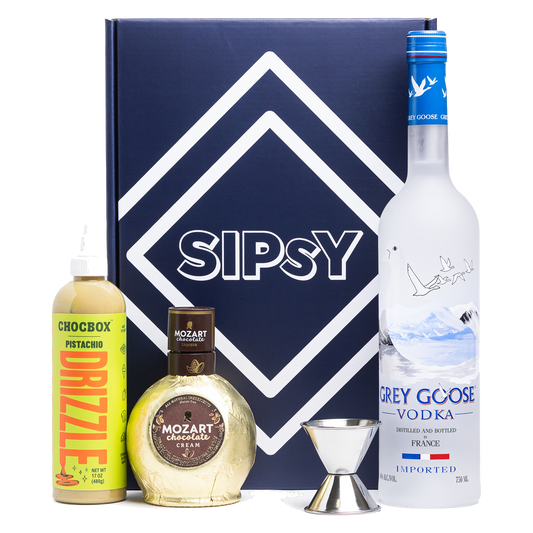 Dubai Chocolate Martini Cocktail Gift Set with vodka, chocolate cream liqueur, and pistachio drizzle