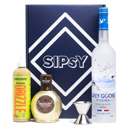 Dubai Chocolate Martini Cocktail Gift Set with vodka, chocolate cream liqueur, and pistachio drizzle