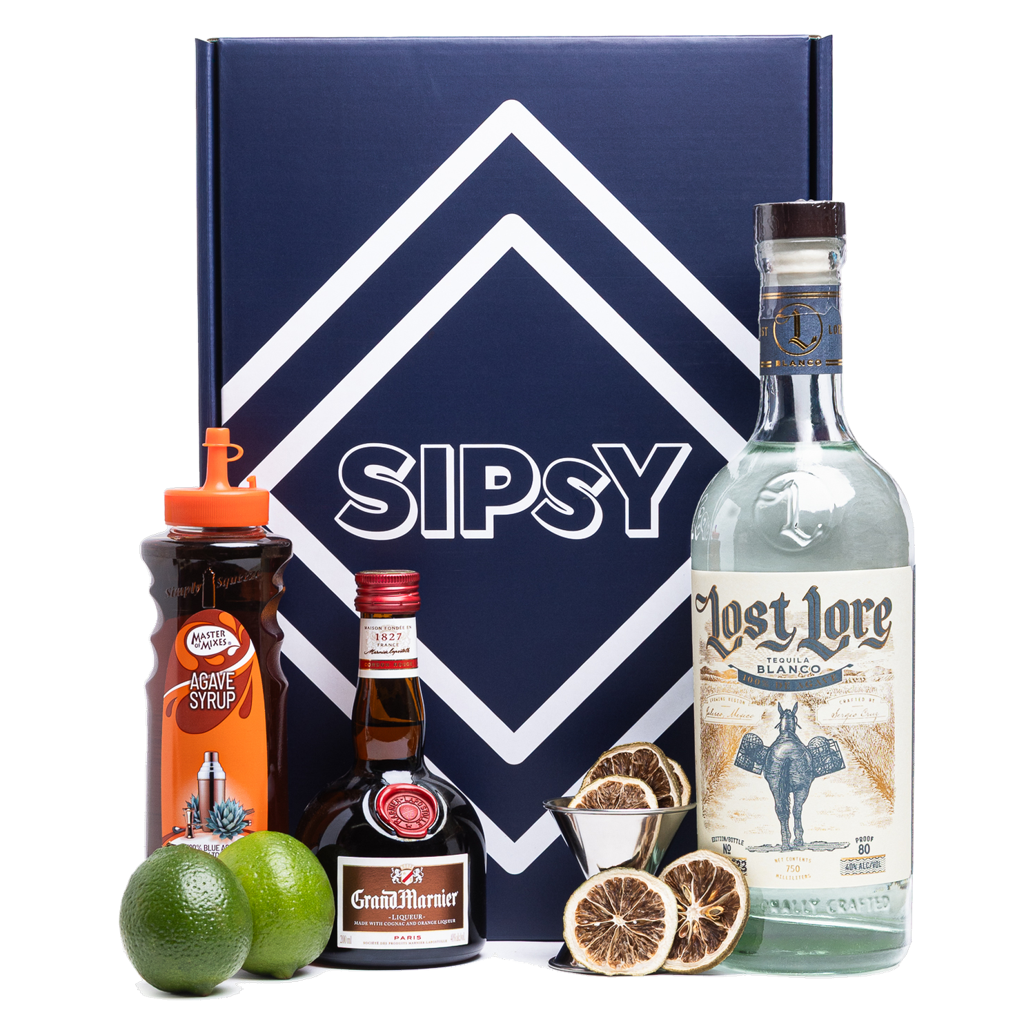 Premium Margarita Cocktail Set - Sipsy cocktail box with Lost Lore Blanco Tequila, Grand Marnier, lime juice, agave syrup, and dehydrated lime wheels