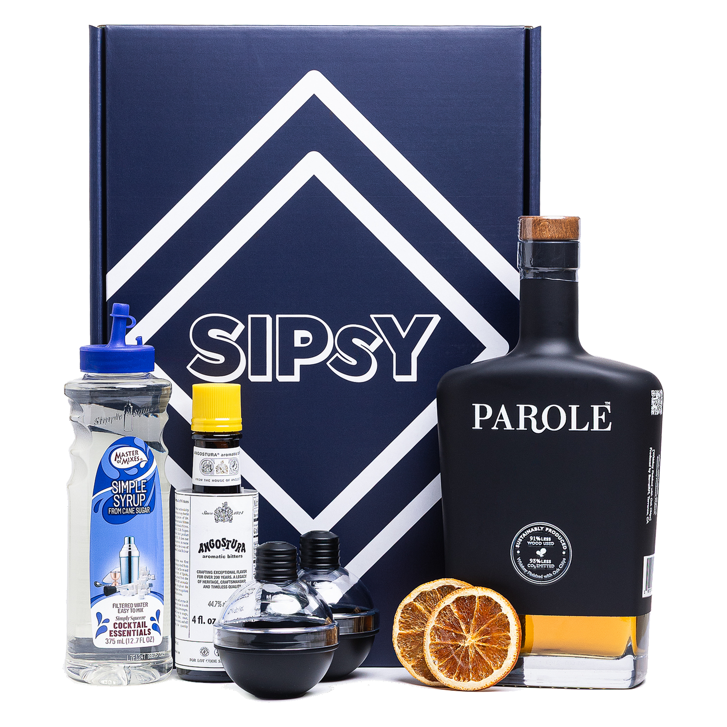 Premium Old Fashioned Cocktail Set - Sipsy cocktail box with Parole Whiskey, simple syrup, Angostura bitters, and ice molds