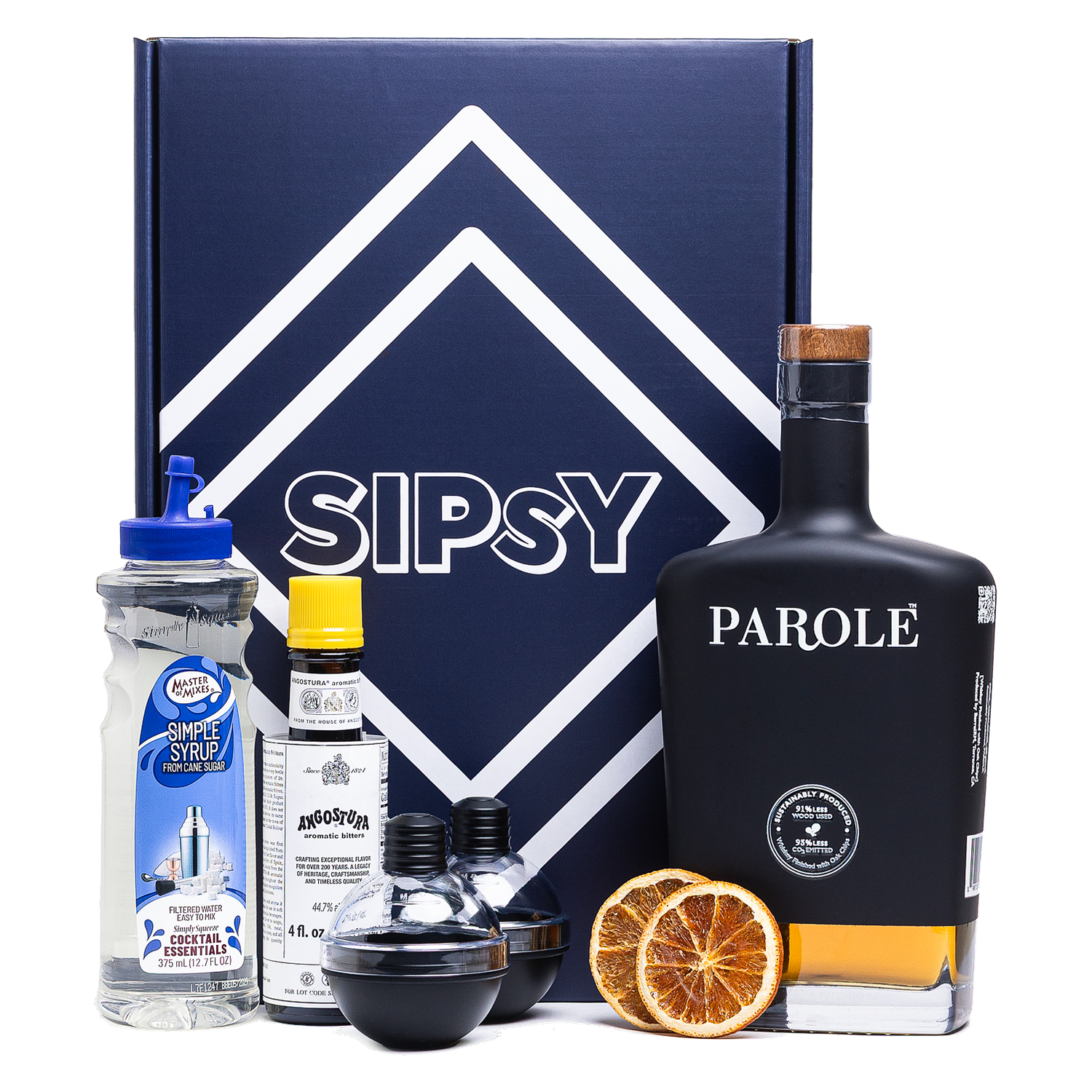 Premium Old Fashioned Cocktail Set - Sipsy cocktail box with Parole Whiskey, simple syrup, Angostura bitters, and ice molds