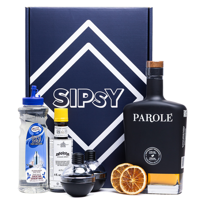 Premium Old Fashioned Cocktail Set - Sipsy cocktail box with Parole Whiskey, simple syrup, Angostura bitters, and ice molds