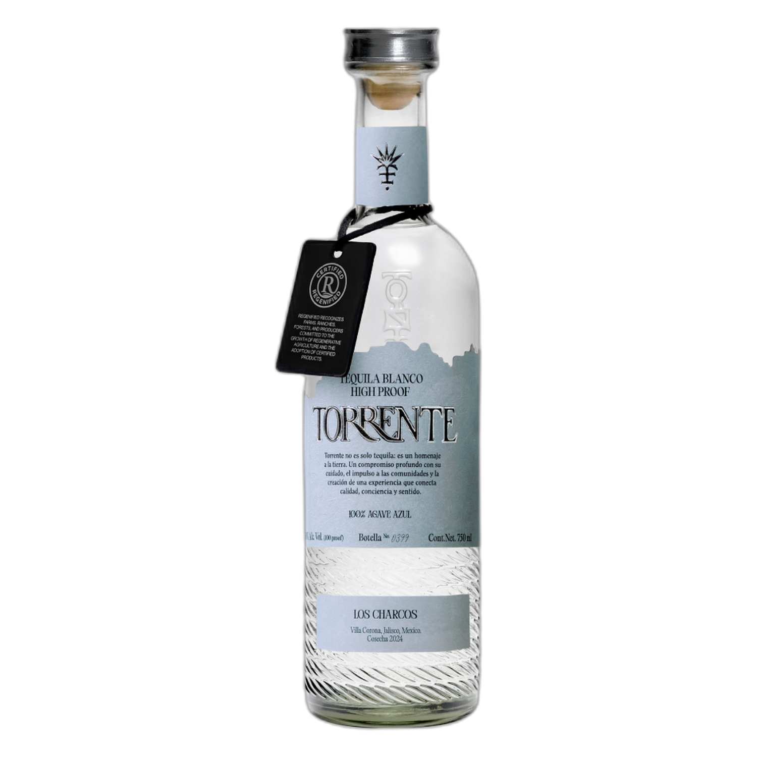 Torrente Blanco High Proof Tequila 750ml bottle - front label showing Los Charcos estate