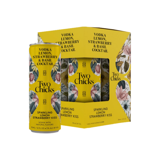 Two Chick's vodka lemon strawberry basil cocktail packaging on a white background