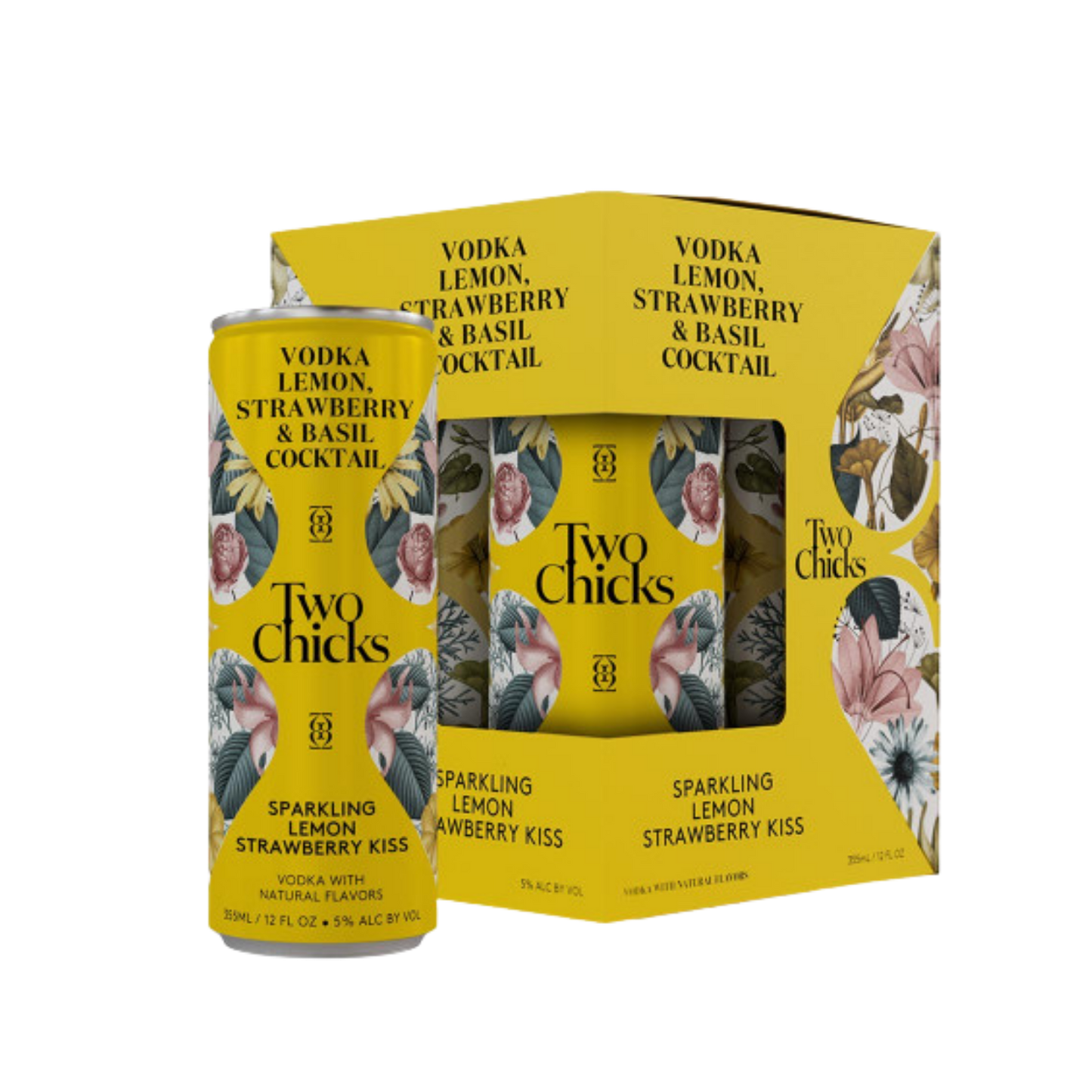 Two Chick's vodka lemon strawberry basil cocktail packaging on a white background