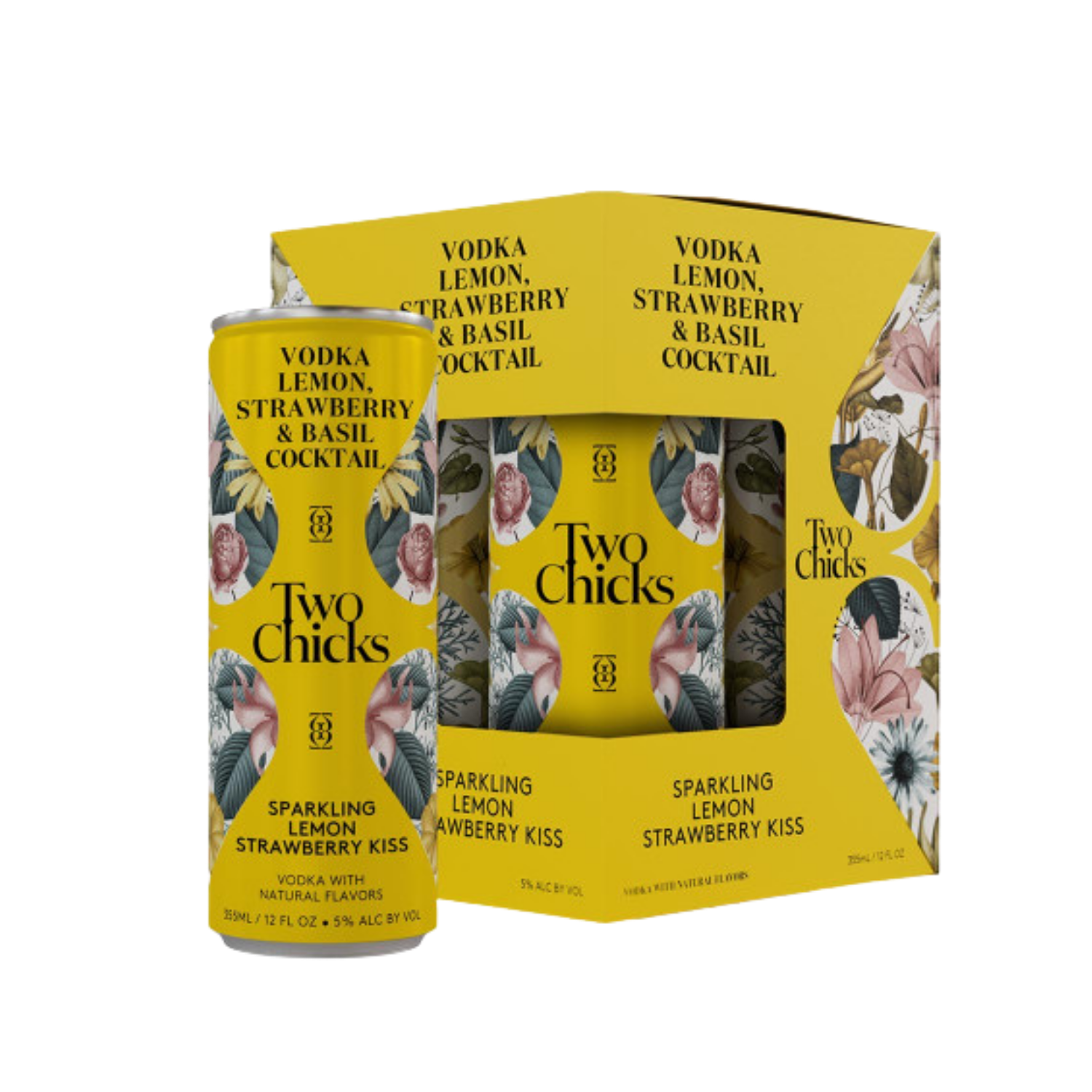 Two Chick's vodka lemon strawberry basil cocktail packaging on a white background