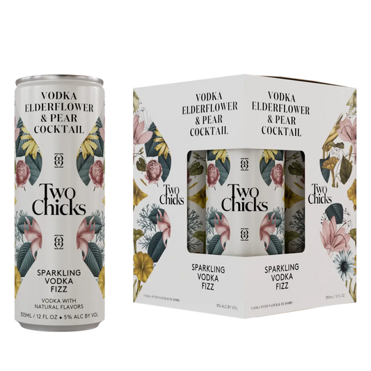 Two Chicks Vodka Elderflower & Pear Cocktail can and packaging on a white background