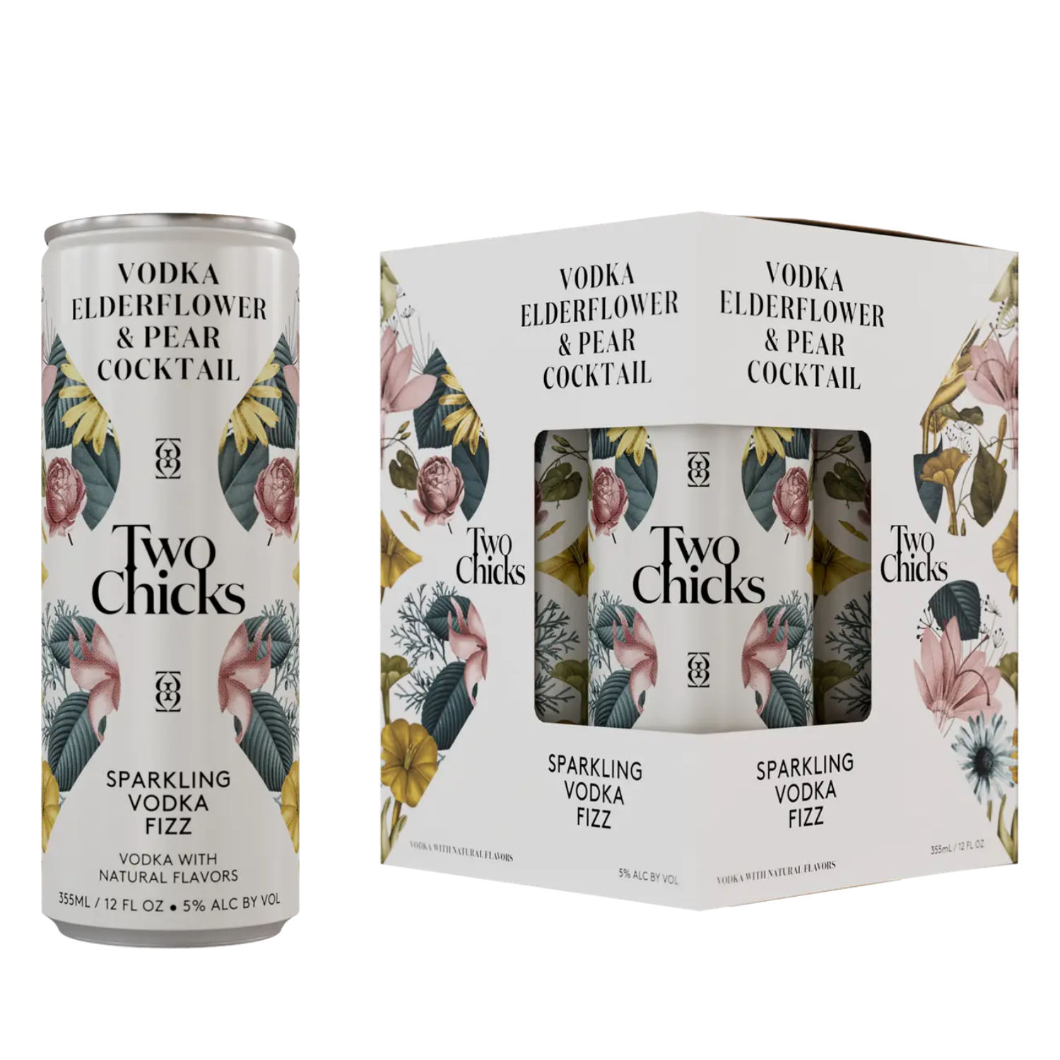 Two Chicks Vodka Elderflower & Pear Cocktail can and packaging on a white background